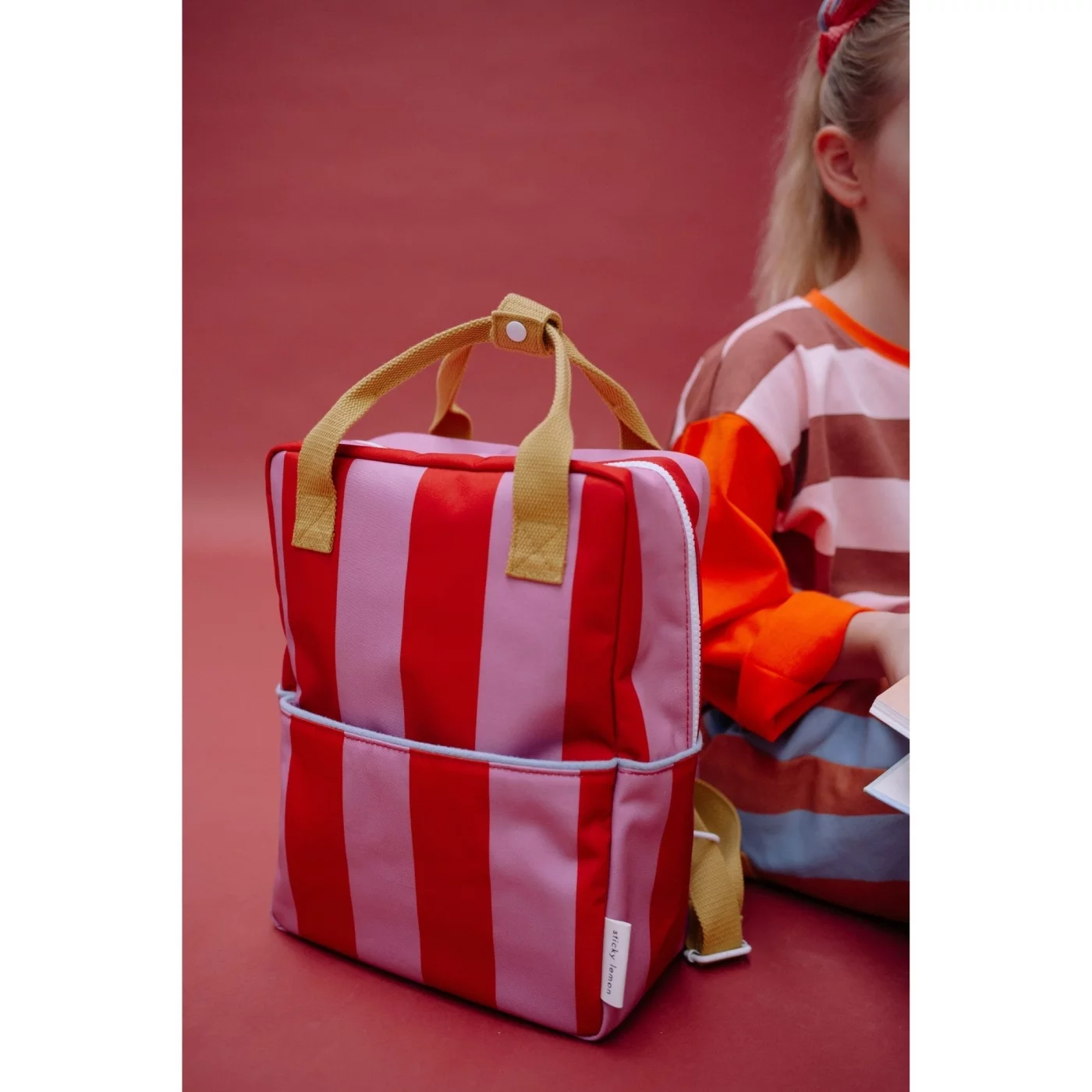 Mochila Mediana Lemon Tree Stripes Red Apple + Rosebay Pink
